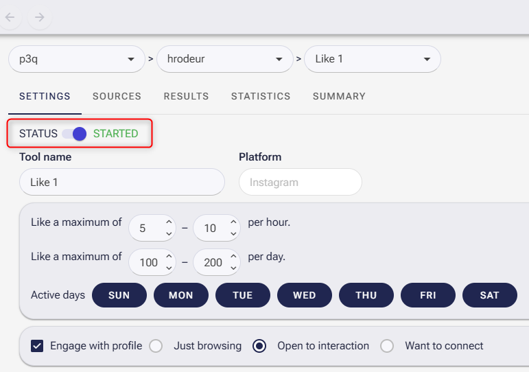 The SM Tasker settings tab showing the status toggle flipped to ON and the label displaying a green STARTED status.