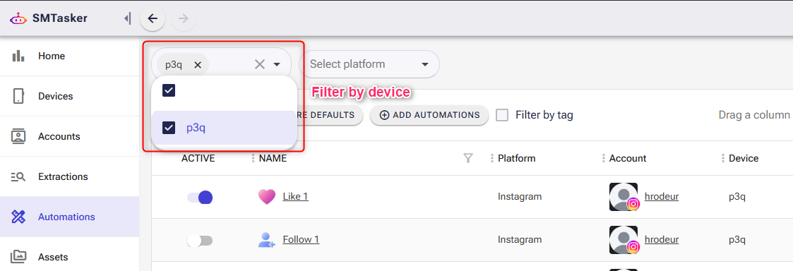 A close-up screenshot of the SMTasker Automations dashboard, focusing on the "Select devices" dropdown menu.