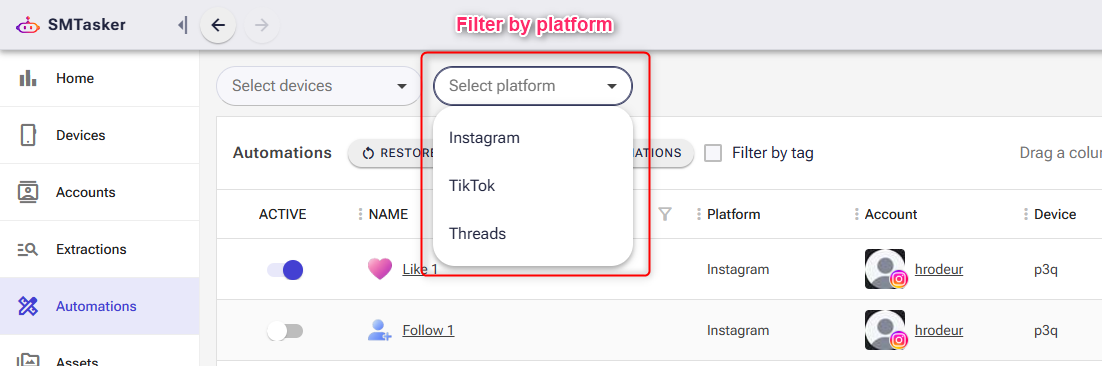 A close-up screenshot of the SMTasker Automations dashboard, focusing on the "Select platform" dropdown menu.