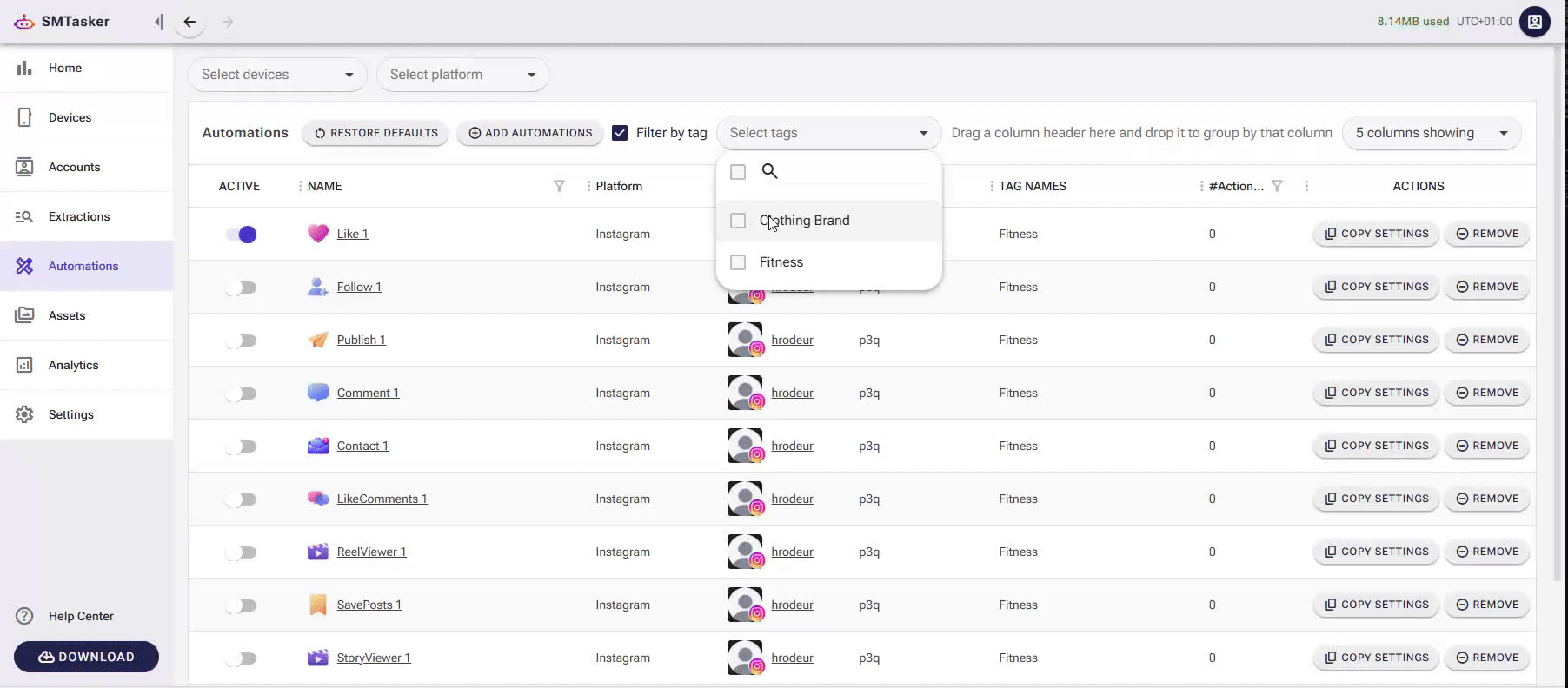 Automations Dashboard gif showing how the filter by tag works